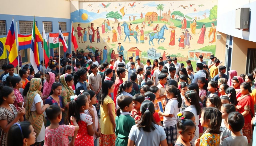A bustling schoolyard filled with students from diverse backgrounds, celebrating their cultural heritage. In the foreground, a vibrant display of flags, traditional costumes, and handcrafted decorations. In the middle ground, groups of students engaged in lively discussions, exchanging stories and sharing their unique traditions. The background showcases a vibrant mural depicting scenes from various world cultures, casting a warm glow over the scene. The overall atmosphere is one of joyful unity, as the school community comes together to embrace their collective diversity. Soft, natural lighting illuminates the scene, capturing the sense of wonder and inclusivity.