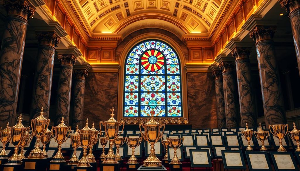 A grand hall with ornate marble columns and a vaulted ceiling, illuminated by warm, golden lighting. In the foreground, a display of gleaming trophies, certificates, and medals, each one meticulously crafted to honor academic achievements. The middle ground features rows of framed diplomas and awards, their elegant designs reflecting the pride and dedication of the students they represent. In the background, a large, stained-glass window casts a kaleidoscope of colorful light, symbolizing the diversity and excellence of the educational community. The overall atmosphere conveys a sense of reverence and celebration for the academic accomplishments being showcased.