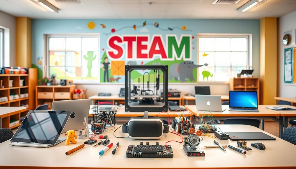 A neatly organized and well-lit classroom setting showcasing an array of STEAM education technology tools. In the foreground, a variety of digital devices such as tablets, laptops, and coding kits are arranged on a sleek, modern desk. In the middle ground, a 3D printer and virtual reality headset sit alongside robotic components and electronic circuits, hinting at the cross-curricular applications of these tools. The background features a vibrant, colorful mural depicting STEAM subjects, creating an inspiring and engaging atmosphere. Warm, natural lighting from large windows casts a soft glow over the scene, highlighting the innovative and collaborative nature of the STEAM education technology on display.