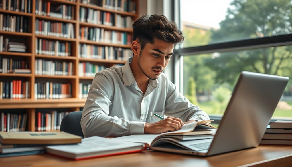 A serene academic setting with a student diligently studying at a desk, surrounded by books, notes, and a laptop. Soft, warm lighting illuminates their focused expression, conveying determination and intellectual passion. In the background, a wall of floor-to-ceiling bookshelves reflects the pursuit of knowledge, while a large window offers a glimpse of a lush, verdant campus outside, symbolizing growth and opportunity. The scene radiates a sense of excellence, discipline, and the overcoming of challenges through academic dedication.