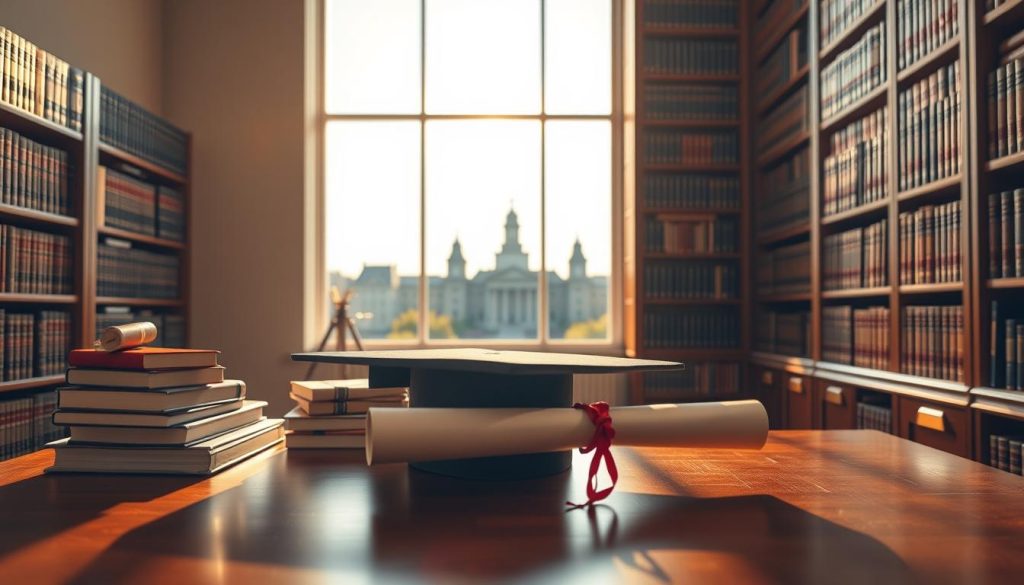 A serene academic study filled with symbols of achievement. In the foreground, stacks of books, a mortar board, and a diploma scroll resting on a polished wooden desk, bathed in warm, golden light. In the middle ground, a towering bookshelf lines the wall, its shelves brimming with leather-bound tomes. Through a large window, the silhouettes of campus buildings stand against a clear, azure sky, hinting at the institution's stately grandeur. An atmosphere of quiet contemplation and scholarly pride pervades the scene, capturing the essence of educational milestones and the recognition they signify.
