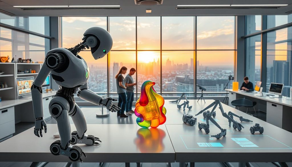 A sleek, modern robotics laboratory with an artistic flair. In the foreground, a humanoid robot gracefully manipulates a vibrant, abstract sculpture, its movements fluid and expressive. The middle ground features a team of students collaborating on their latest robotic project, surrounded by an array of holographic displays and 3D-printed prototypes. The background showcases large windows offering a panoramic view of a futuristic cityscape, bathed in the warm glow of the setting sun. The lighting is soft and diffused, creating a sense of wonder and creativity. The scene is captured with a wide-angle lens, emphasizing the scale and integration of technology and art.