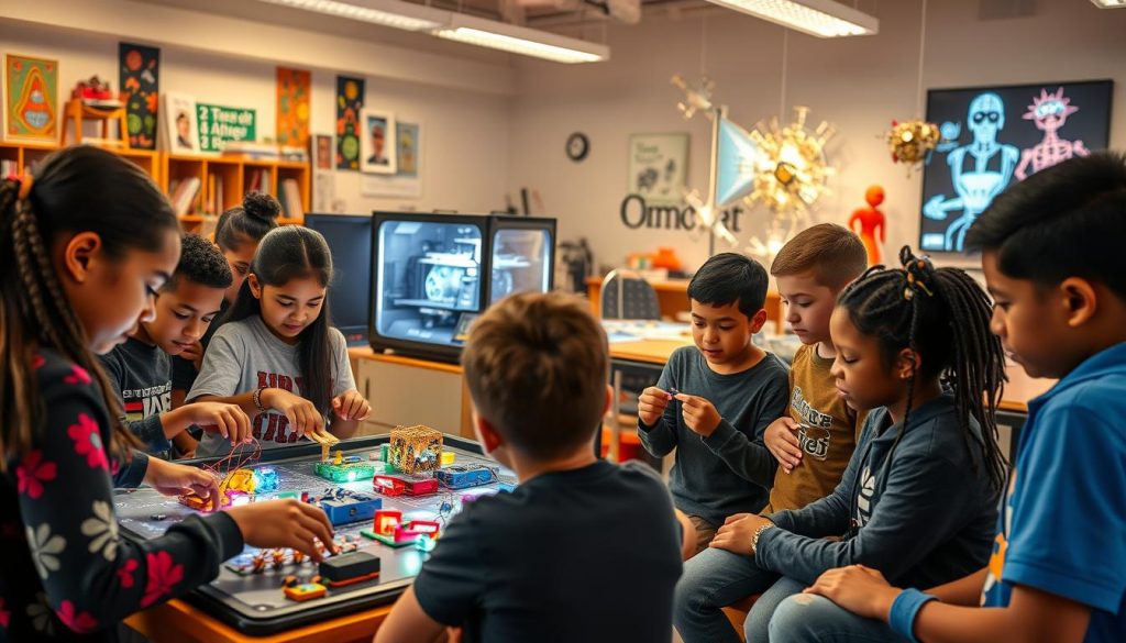 A vibrant, inclusive classroom filled with innovative STEAM projects. In the foreground, students of diverse backgrounds collaborate on an interactive STEM display, tinkering with colorful components and gleaming circuits. In the middle ground, a 3D printer whirs as it fabricates intricate models, showcasing the possibilities of digital design. The background features an art installation with kinetic sculptures and multimedia displays, blending technology and creativity. The lighting is warm and focused, highlighting the engaged expressions and problem-solving mindsets of the students. A sense of curiosity, discovery, and empowerment permeates the scene, reflecting the spirit of equitable, innovative STEAM education.