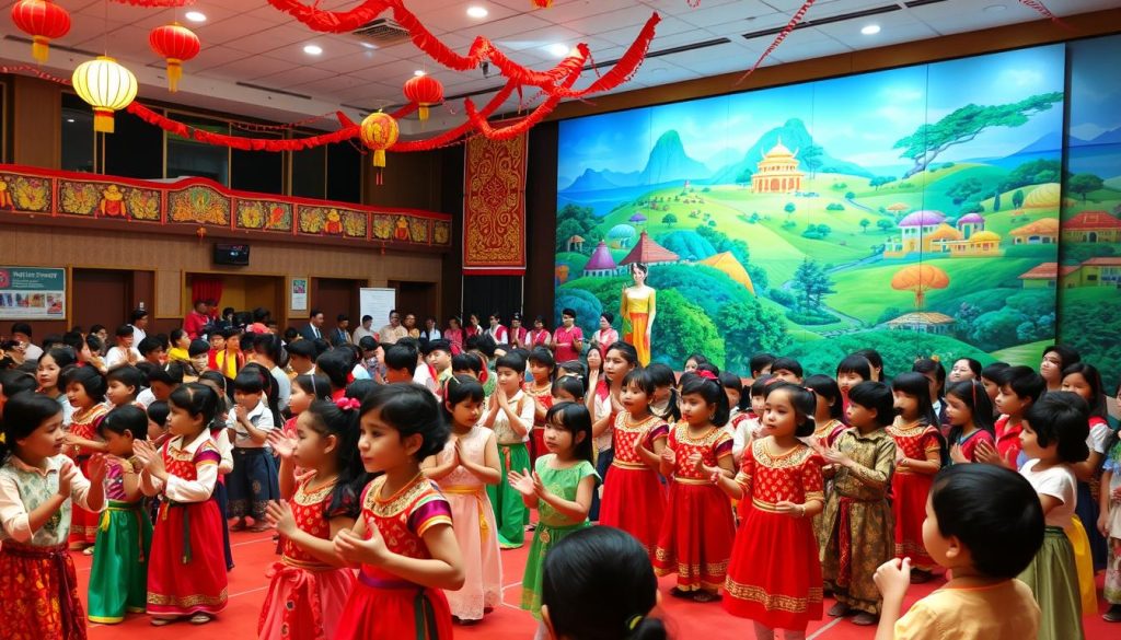 A vibrant school auditorium filled with students celebrating cultural festivals. In the foreground, children in colorful traditional costumes perform folk dances, their movements graceful and spirited. In the middle ground, parents and teachers watch with delight, clapping in time to the music. The background is a tapestry of vibrant decorations - strings of paper lanterns, banners with intricate designs, and a large stage backdrop depicting a lush, diverse landscape. The lighting is warm and inviting, creating a festive atmosphere that captures the joy and diversity of cultural celebrations in the school setting.